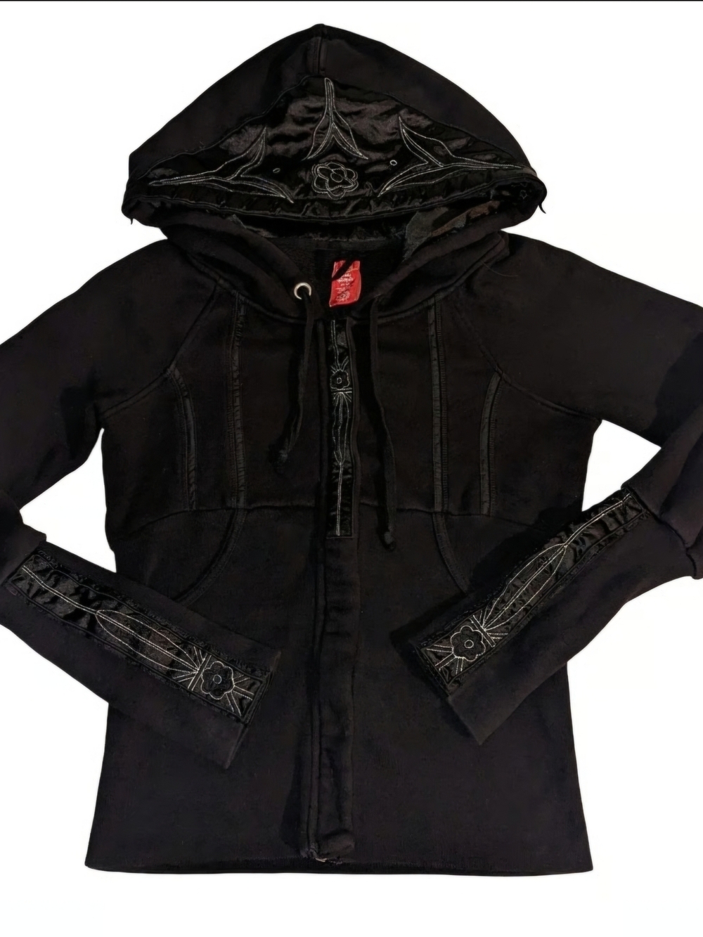 Free People Black Embroidered Satin Hooded Zip Sweatshirt Hoodie